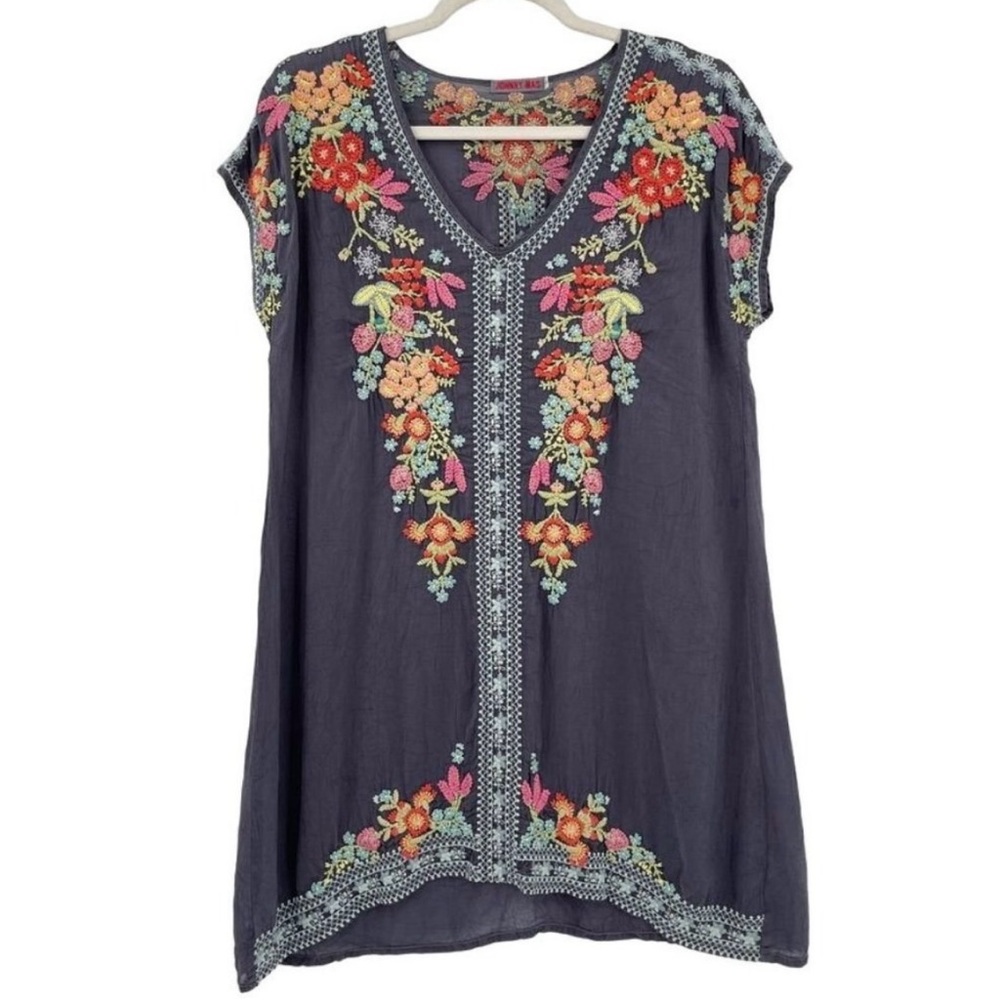 Johnny Was Tunic Top Women’s Small Gray Colorful Embroidered Floral Boho Relaxed